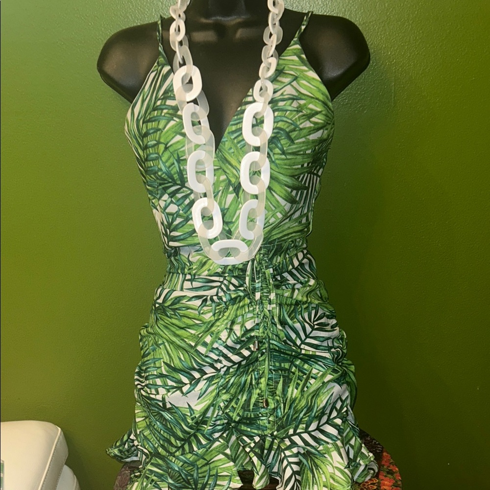 Luxxel Green Leaf Print Dress(adjustable straps) - Picture 3 of 10
